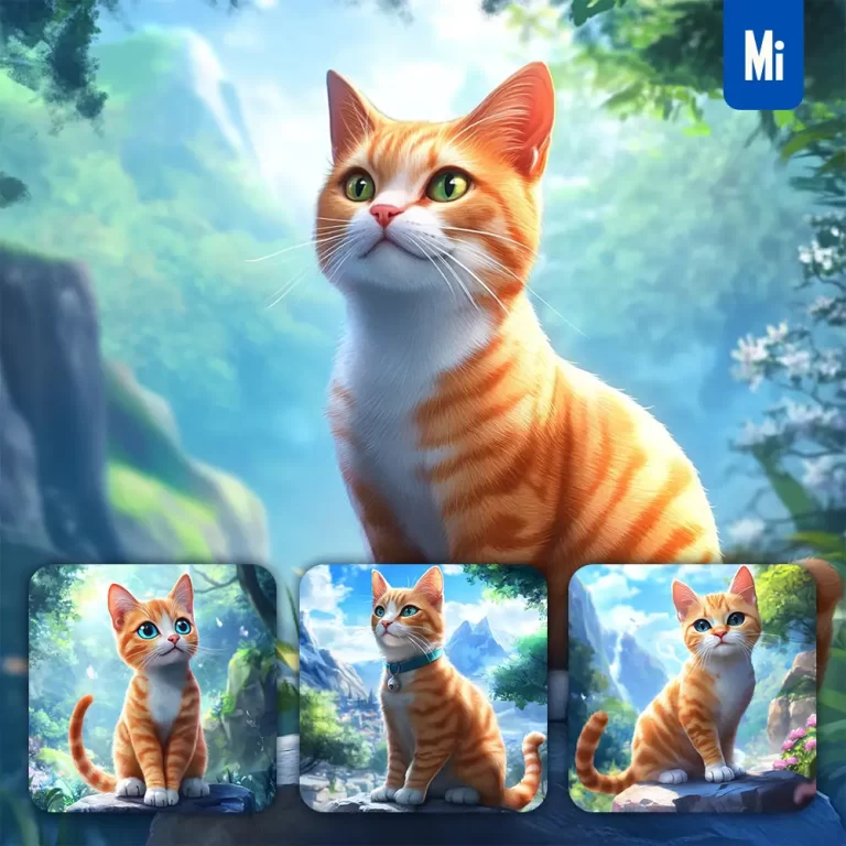 midjourney prompt cat animation cute stone wooded mountain sitting rock sky painting