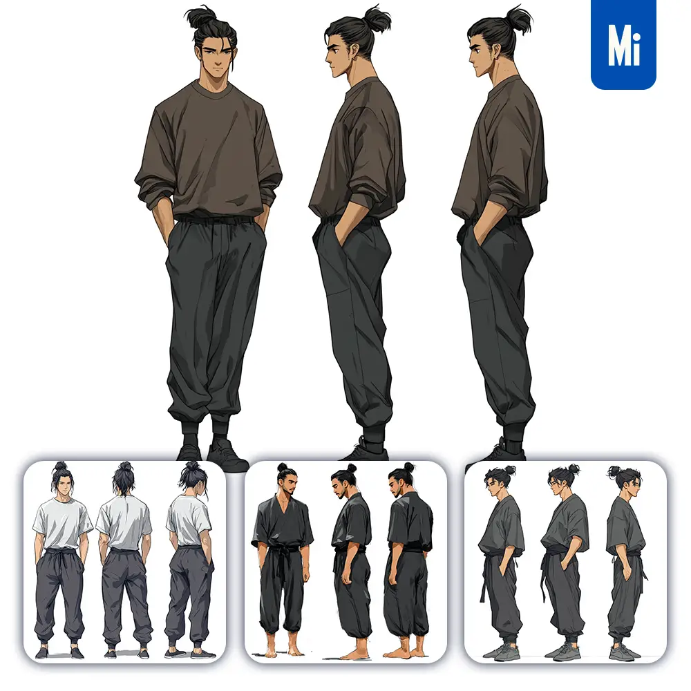 Midjourney Prompt Character Concept Design Bun Man Male Three Views Drawing