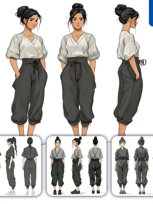 Midjourney Prompt Character Concept Design Woman Female Three Views Drawing