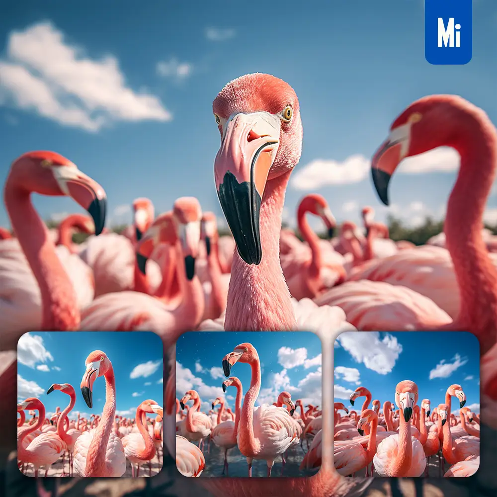 midjourney prompt flamingo front herd head close up animal photography