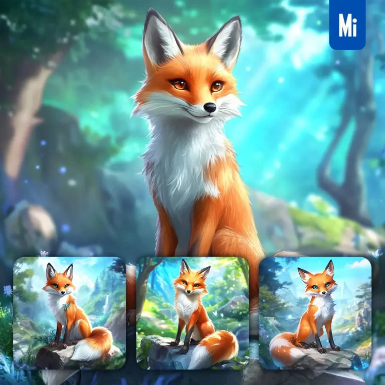 midjourney prompt fox animation cute stone wooded mountain sitting rock sky painting