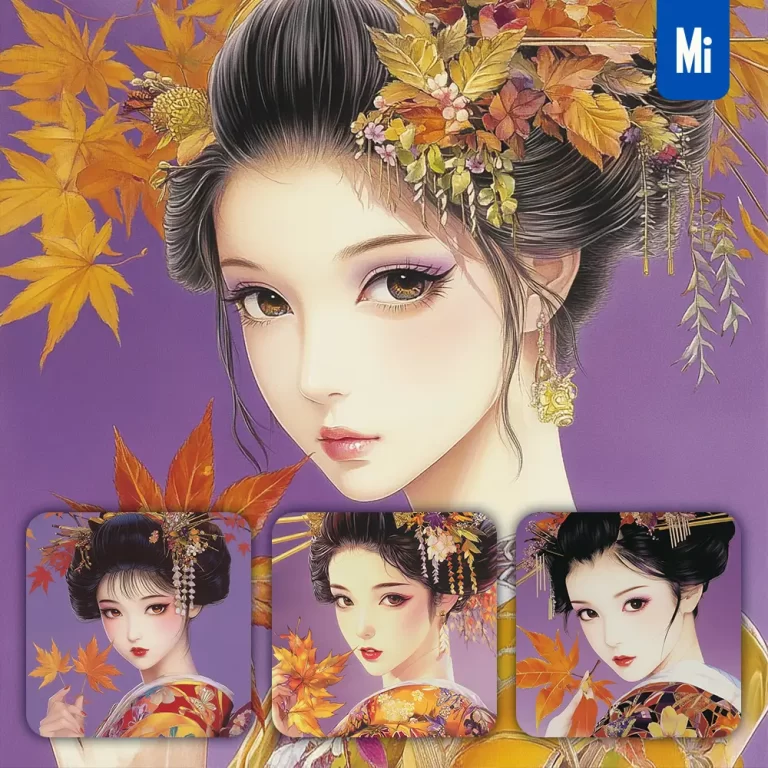 midjourney prompt geisha woman kimono traditional attire leaves pattern Japanese elegant art painting