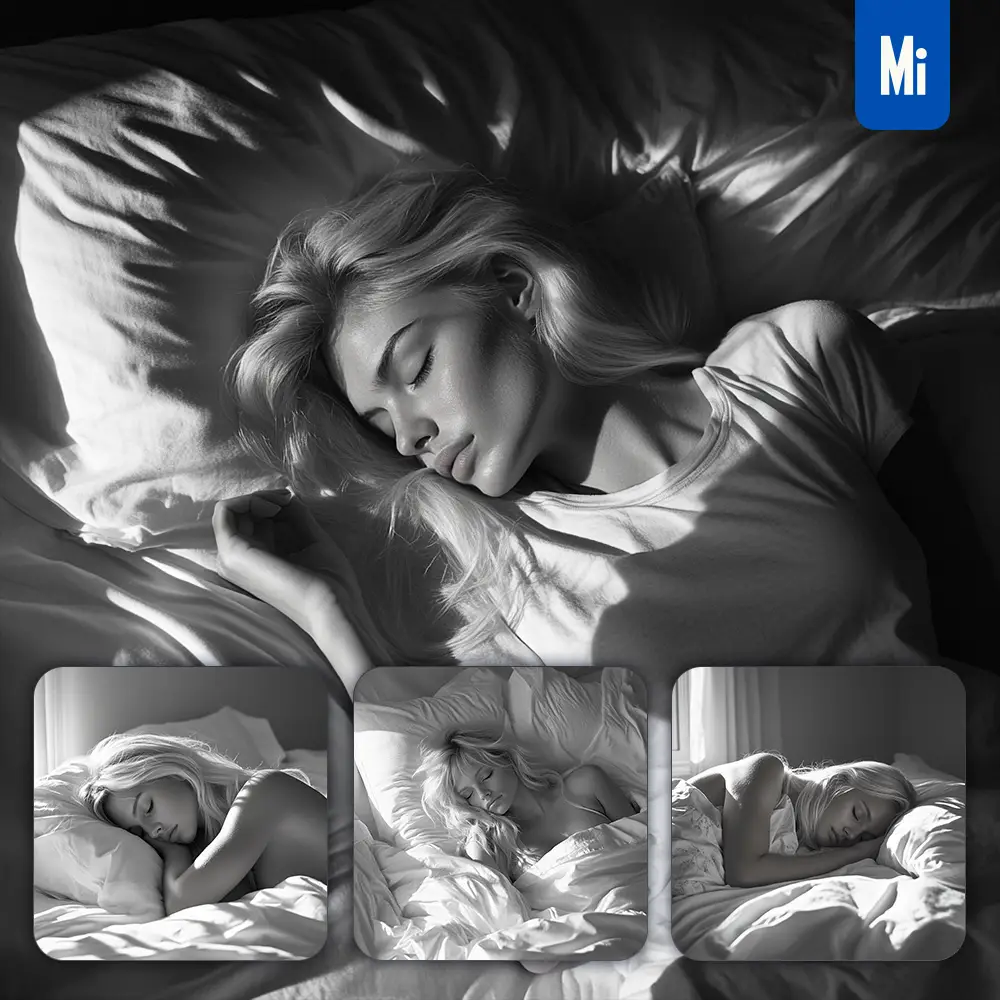 Midjourney Prompt Girl Woman Sleeping Sheet Light Morning Blonde Filmblack And White Photography