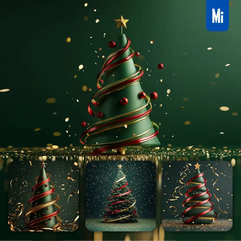midjourney prompt gold red green ribbon 3D Merry Christmas tree photography