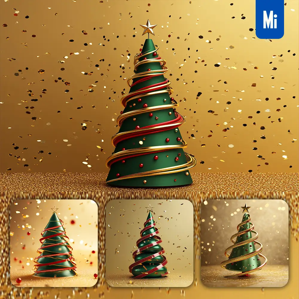 midjourney prompt golden gold red green ribbon 3D Merry Christmas tree photography