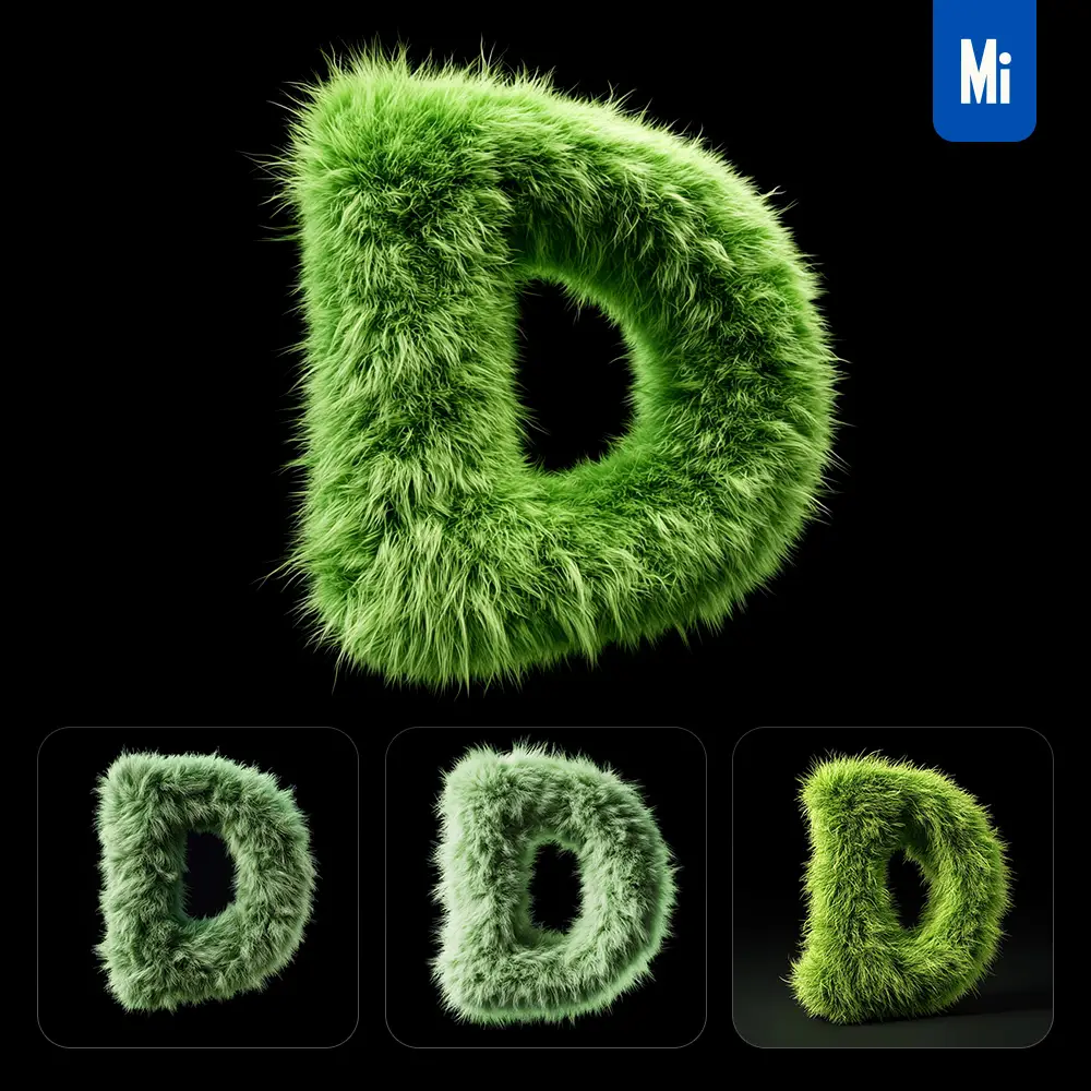 Midjourney Prompt Green D Letter Plush Fluffy Cute 3d Toy