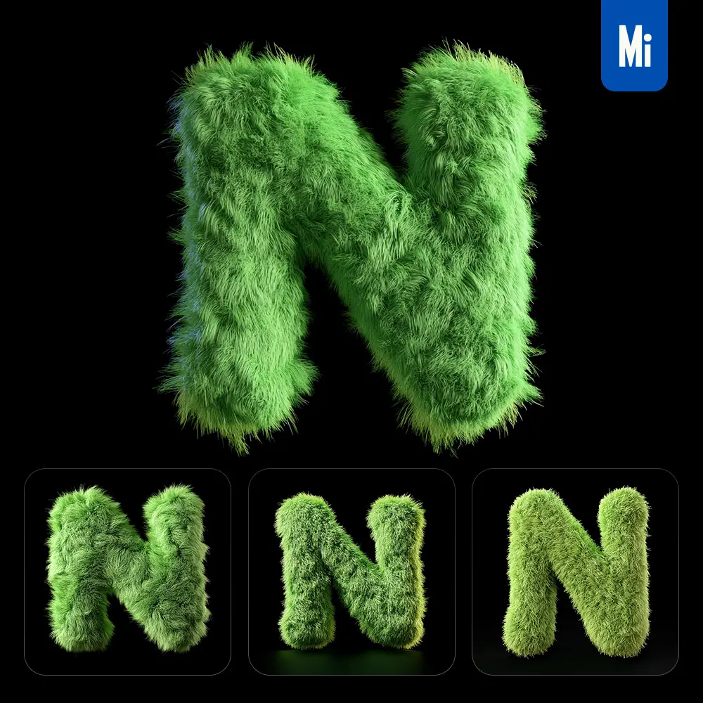 midjourney prompt green N letter plush fluffy cute 3D toy