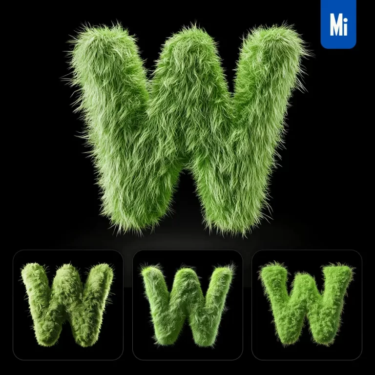 midjourney prompt green W letter plush fluffy cute 3D toy