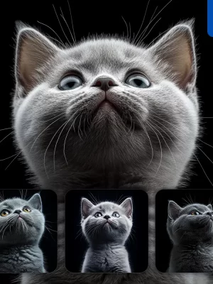 Midjourney Prompt Grey Blue Cat Kitten British Shorthair Head Face Front Look Up Portrait Photography