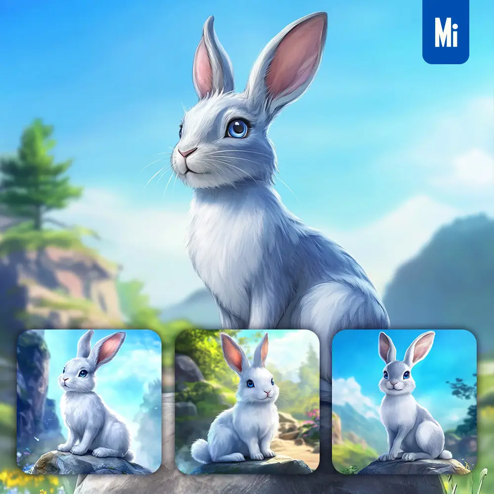 midjourney prompt grey hare rabbit animation cute stone wooded mountain sitting rock sky painting