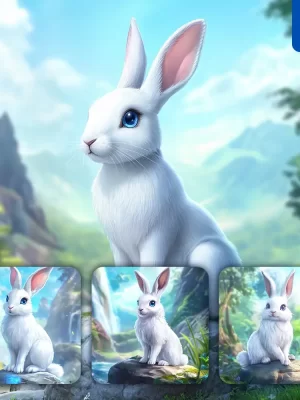 Midjourney Prompt Hare White Rabbit Animation Cute Stone Wooded Mountain Sitting Rock Sky Painting