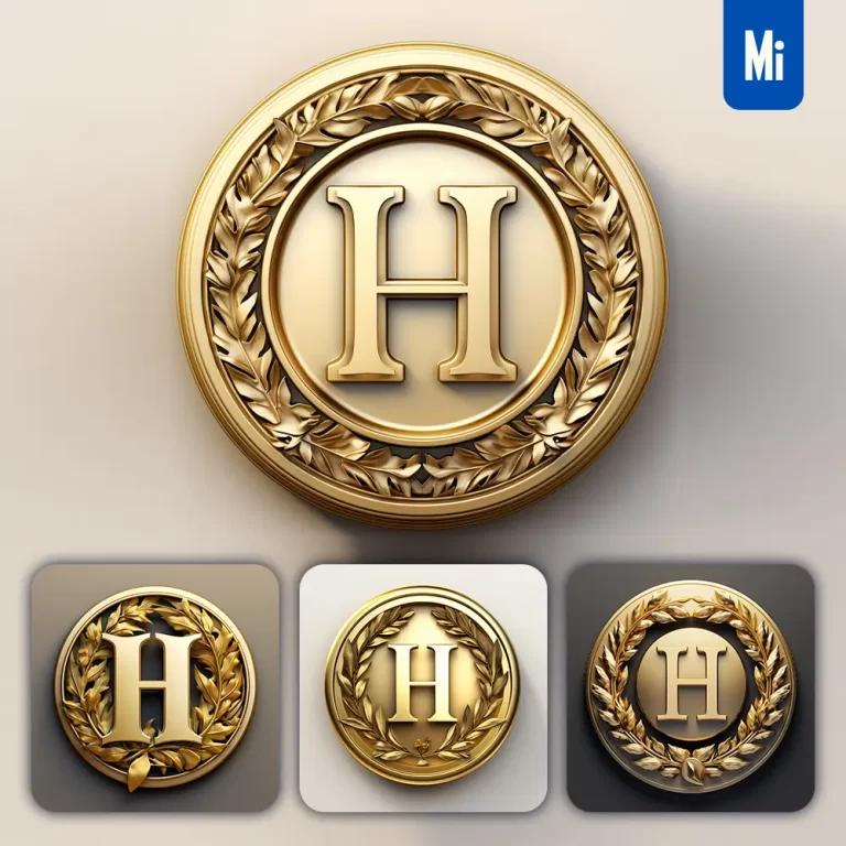 midjourney prompt letter H round badge logo 3D rendering gold golden metal