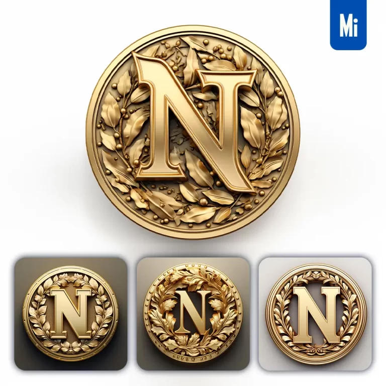 midjourney prompt letter N round badge logo 3D rendering gold golden metal