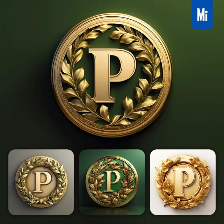 midjourney prompt letter P round badge logo 3D rendering gold golden metal