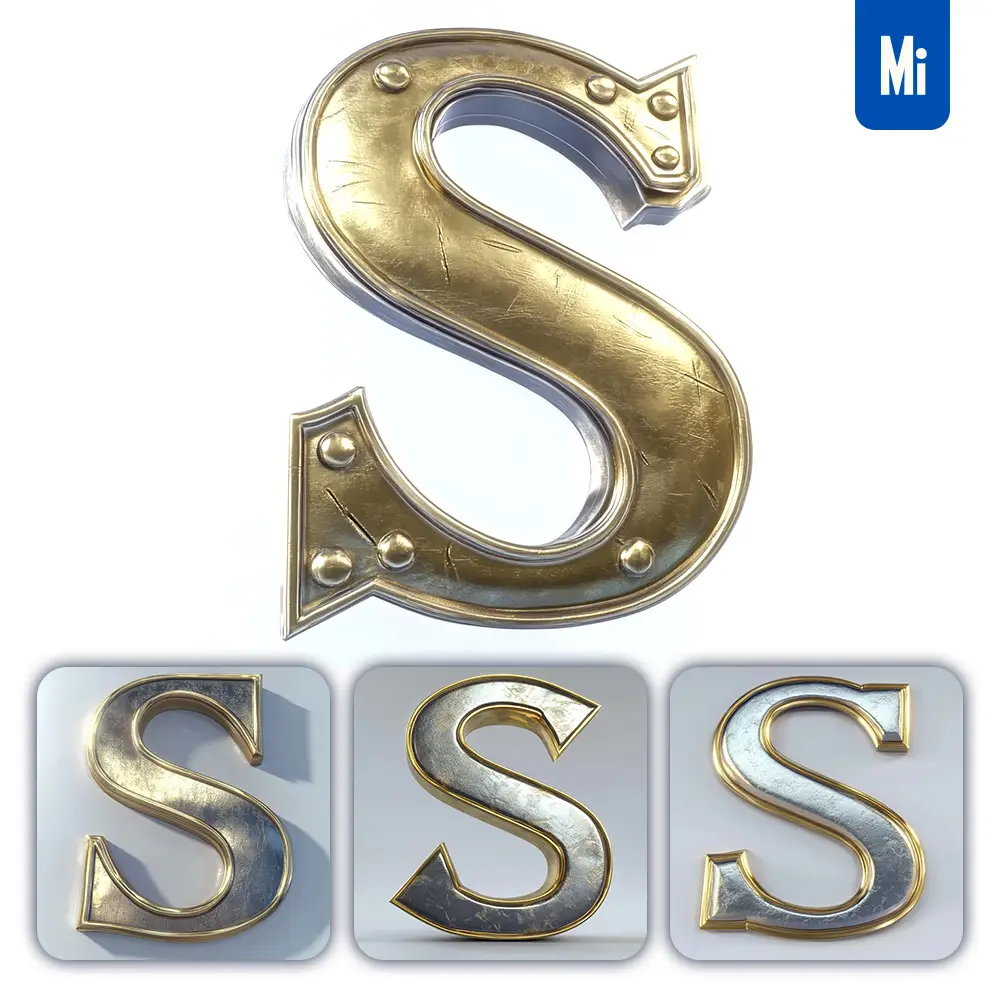 midjourney prompt letter S logo gold 3D golden metal