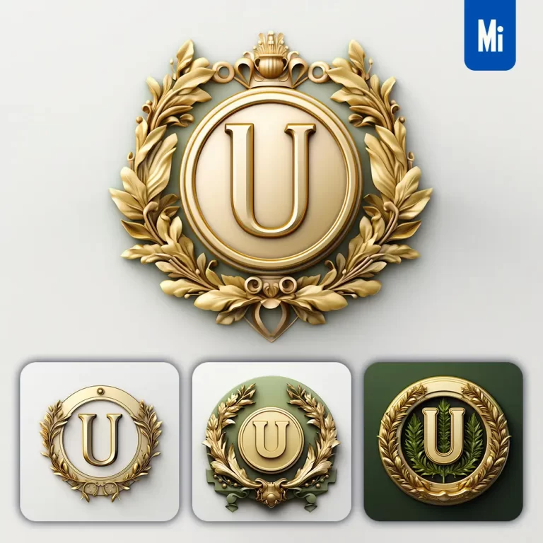 midjourney prompt letter U round badge logo 3D rendering gold golden metal