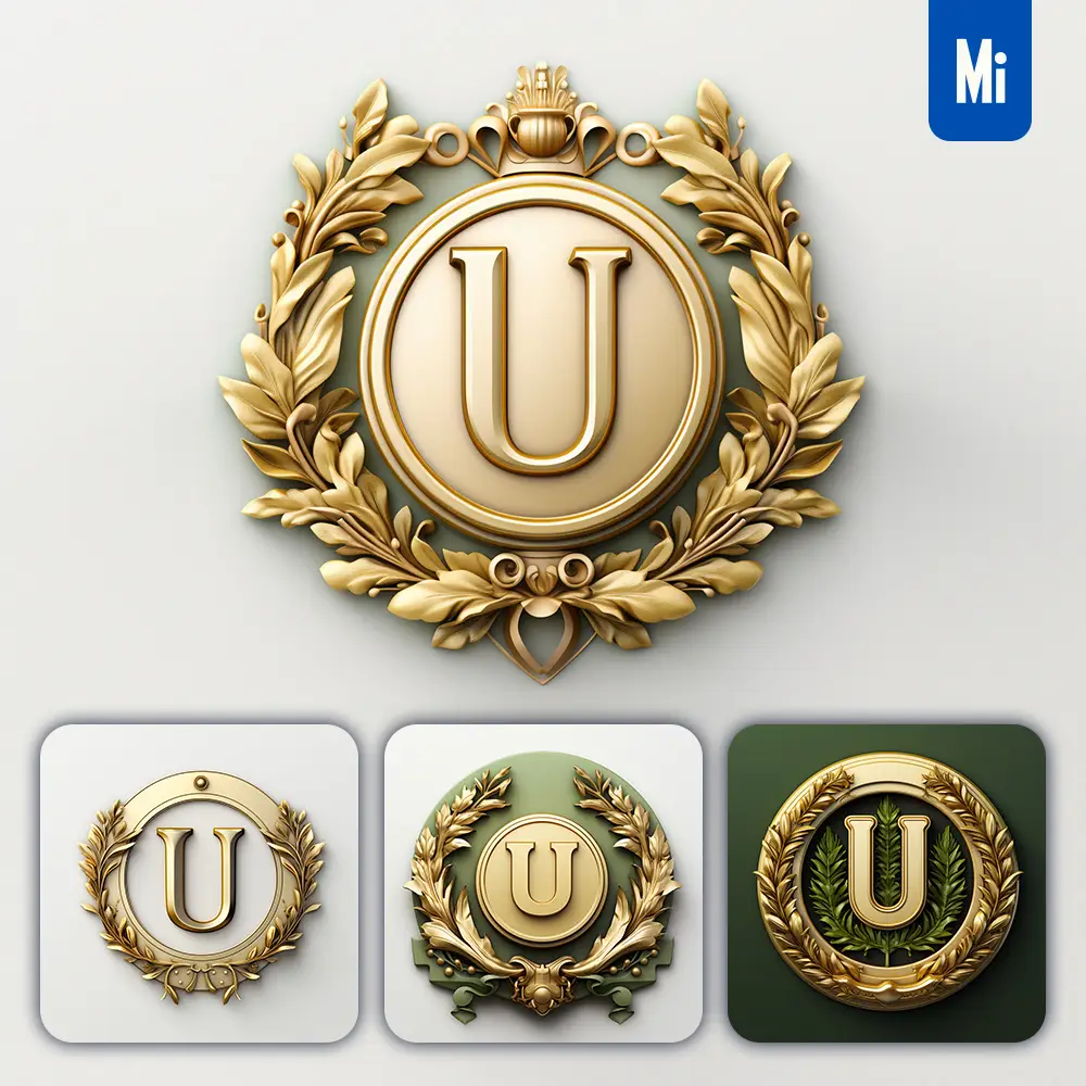 midjourney prompt letter U round badge logo 3D rendering gold golden metal