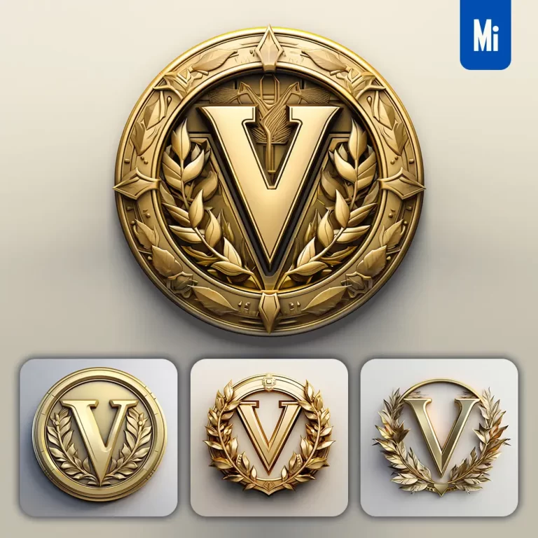 midjourney prompt letter V round badge logo 3D rendering gold golden metal