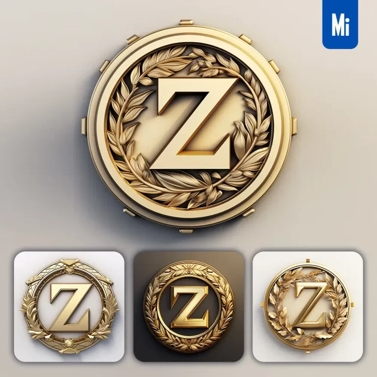 midjourney prompt letter Z round badge logo 3D rendering gold golden metal