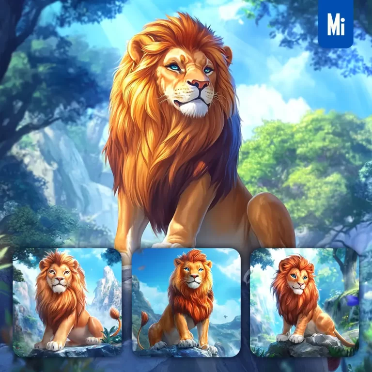 midjourney prompt lion animation cute stone wooded mountain sitting rock sky painting