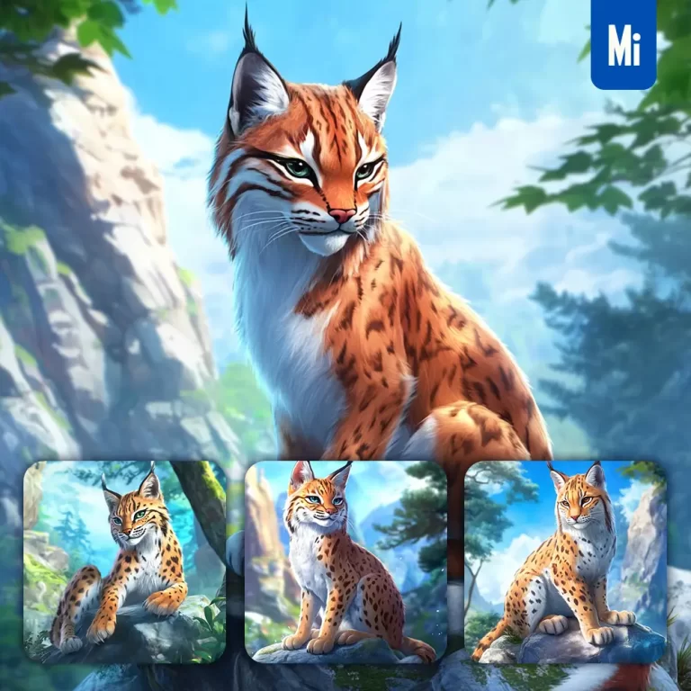 midjourney prompt lynx animation cute stone wooded mountain sitting rock sky painting