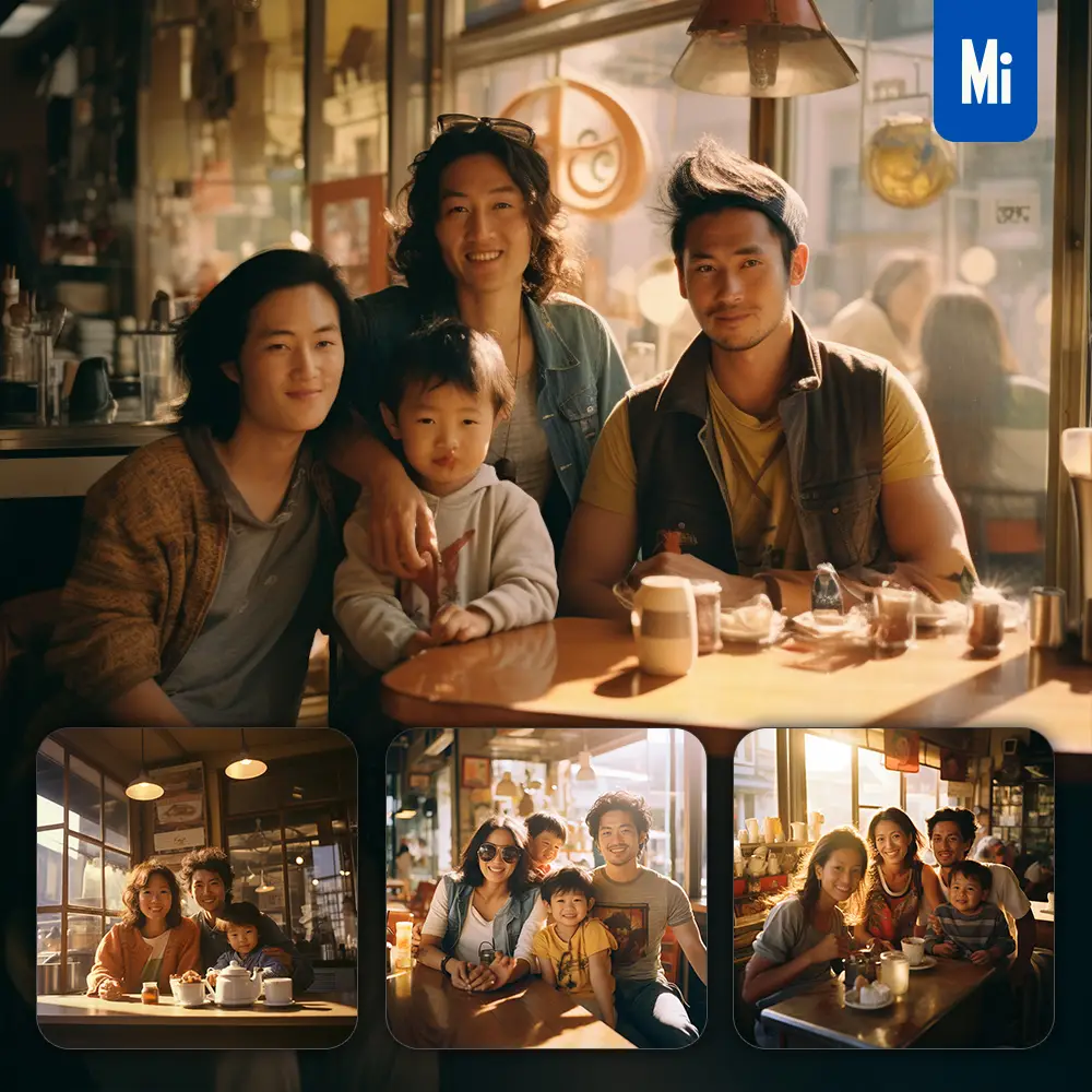 midjourney prompt man woman kids family group photo sunny coffee shop photography