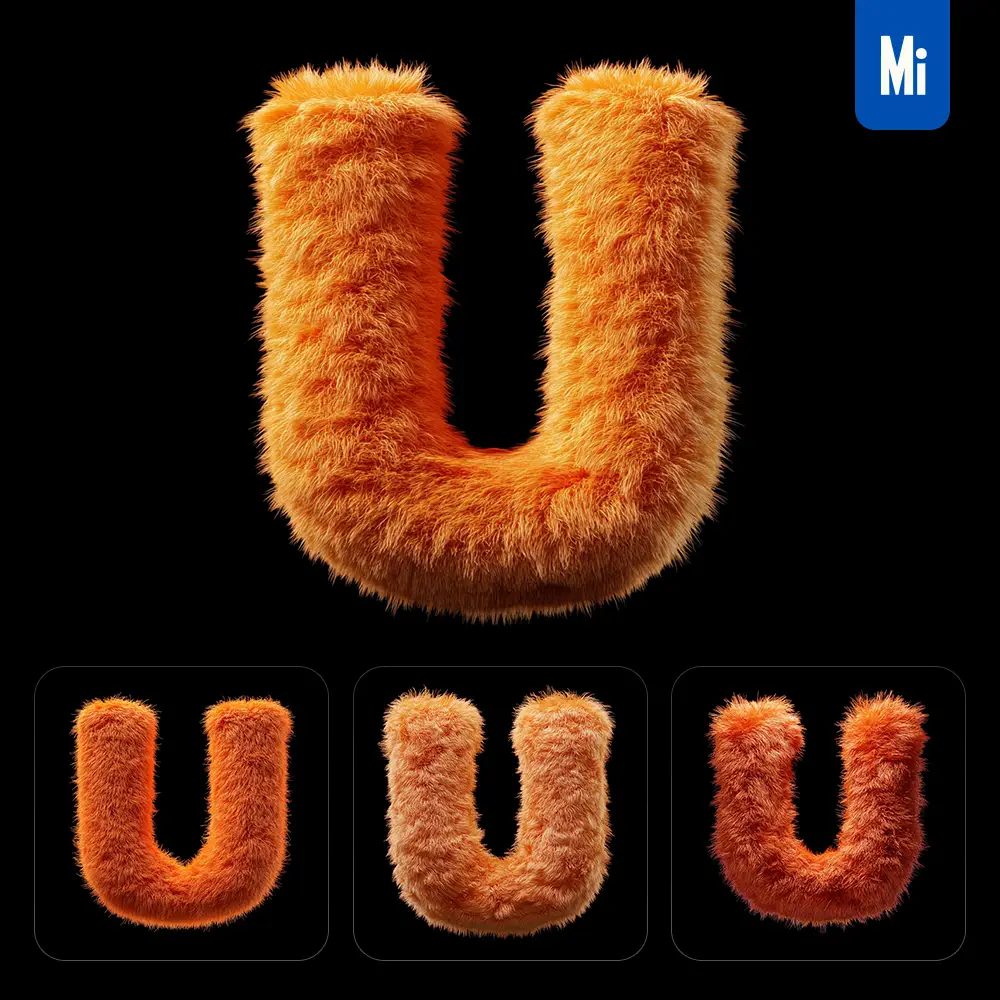 midjourney prompt orange U letter plush fluffy cute 3D toy