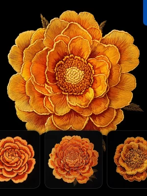 Midjourney Prompt Orange Marigold Flower Petals Chinese Silk Artistry Embroidery Pattern