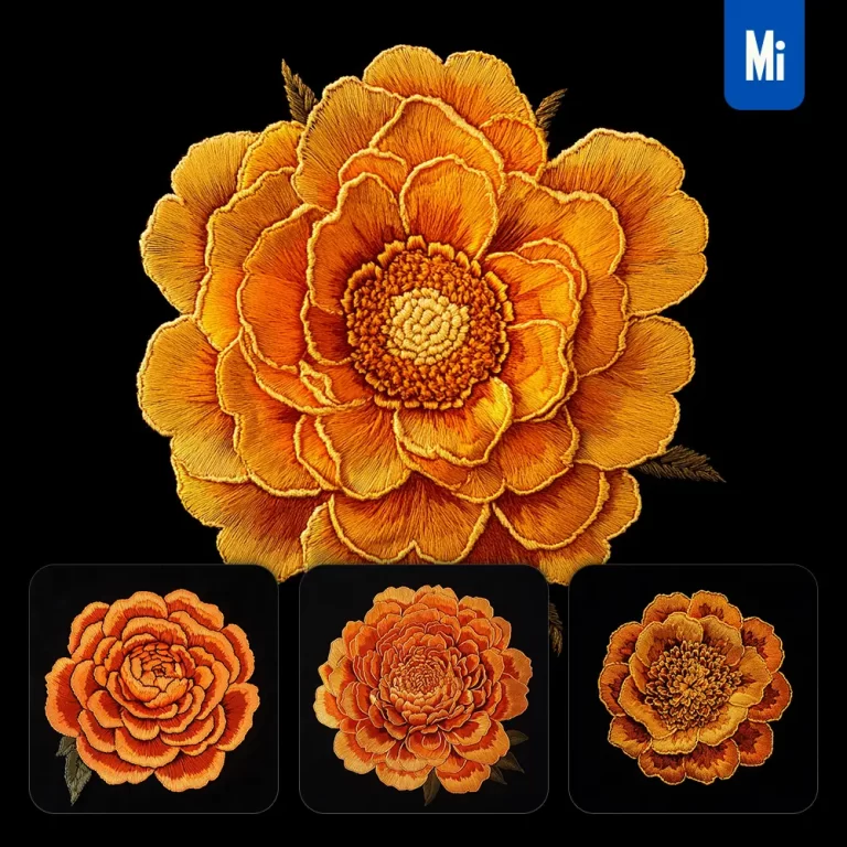 midjourney prompt orange marigold flower petals Chinese silk artistry embroidery pattern