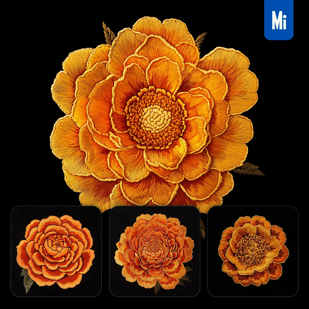 Midjourney Prompt Orange Marigold Flower Petals Chinese Silk Artistry Embroidery Pattern