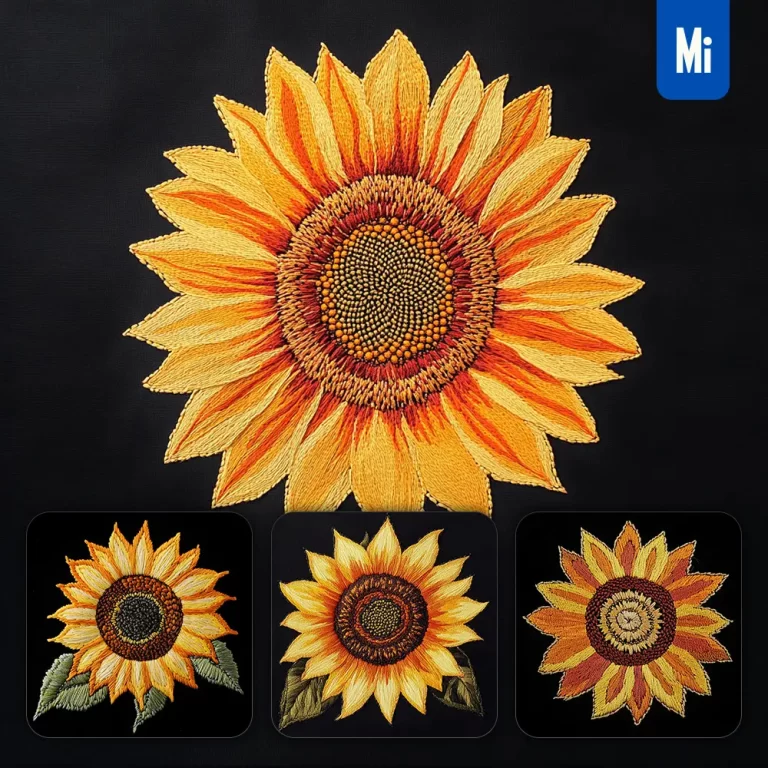 midjourney prompt orange yellow sunflower flower petals Chinese silk artistry embroidery pattern