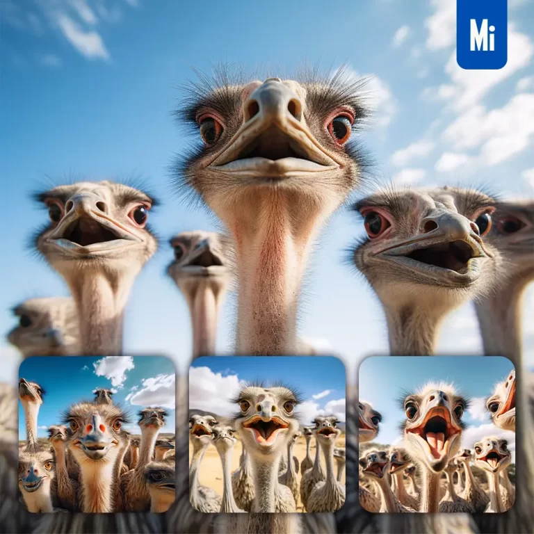 midjourney prompt ostrich front herd head close up animal photography
