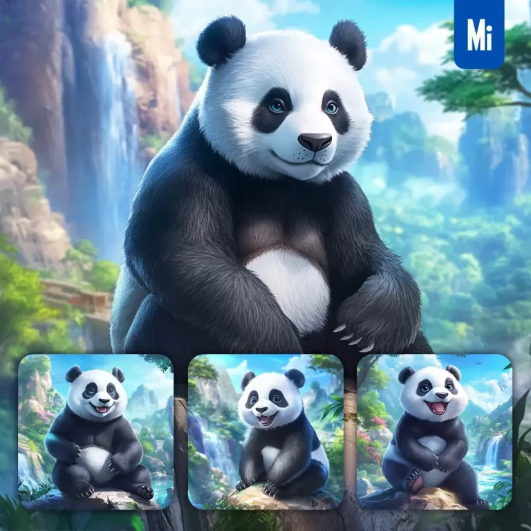 midjourney prompt panda animation cute stone wooded mountain sitting rock sky painting