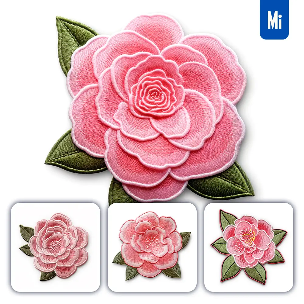 midjourney prompt pink camellia flower flat embroidery fabric gradient