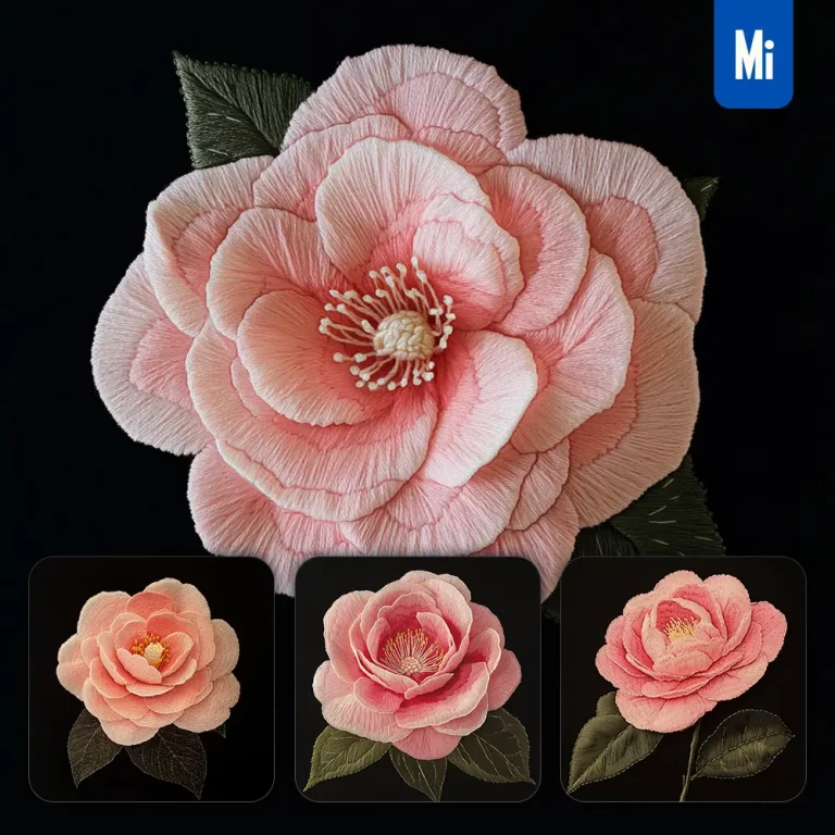 midjourney prompt pink camellia flower petals Chinese silk artistry embroidery pattern