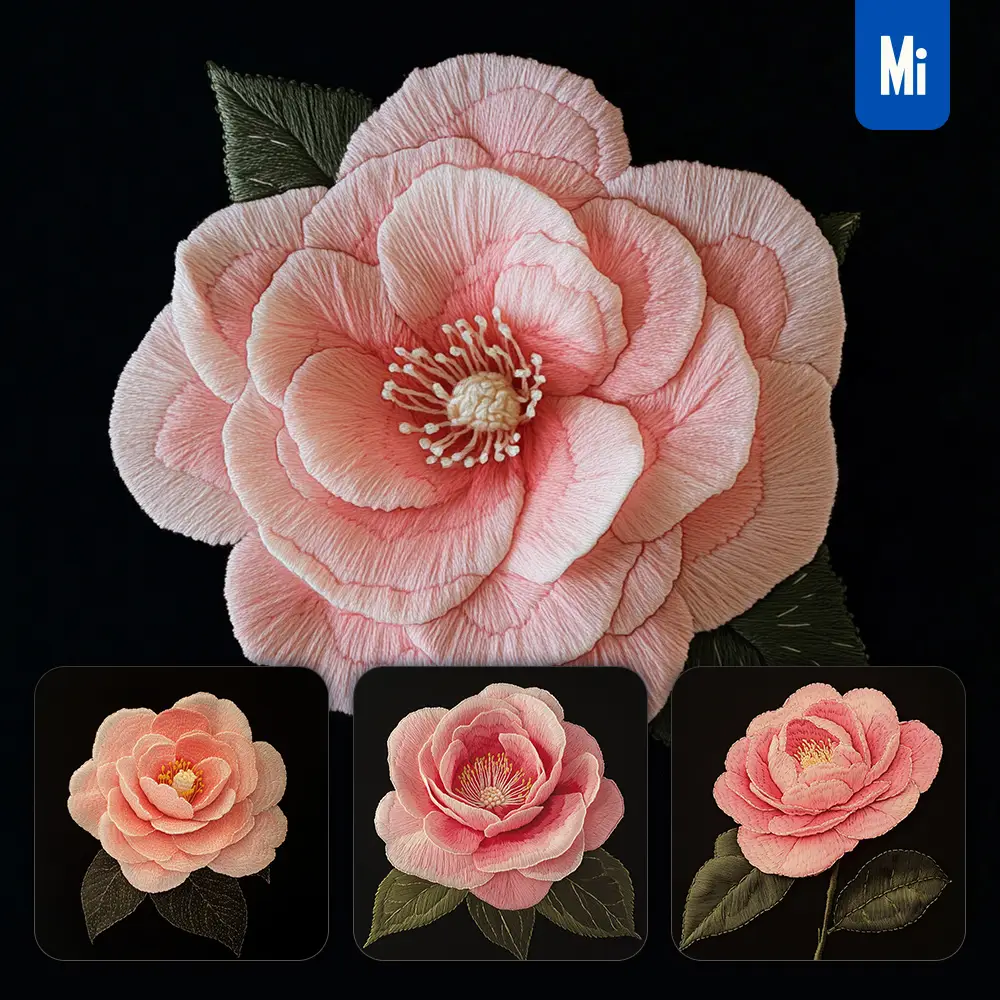 Midjourney Prompt Pink Camellia Flower Petals Chinese Silk Artistry Embroidery Pattern