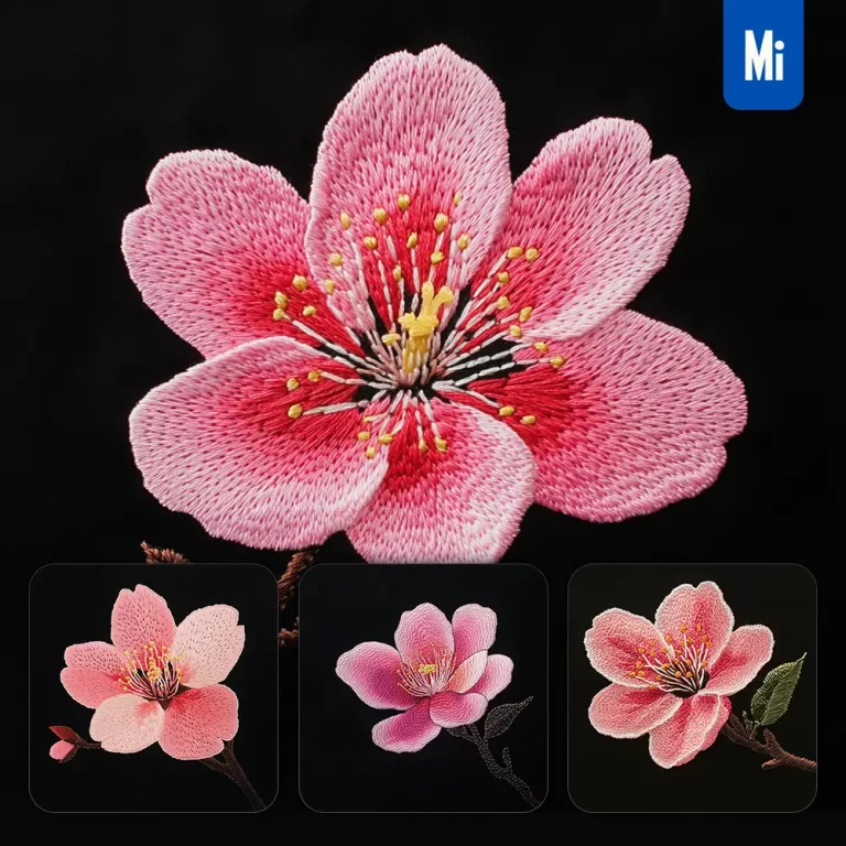 midjourney prompt pink cherry blossom flower petals Chinese silk artistry embroidery pattern