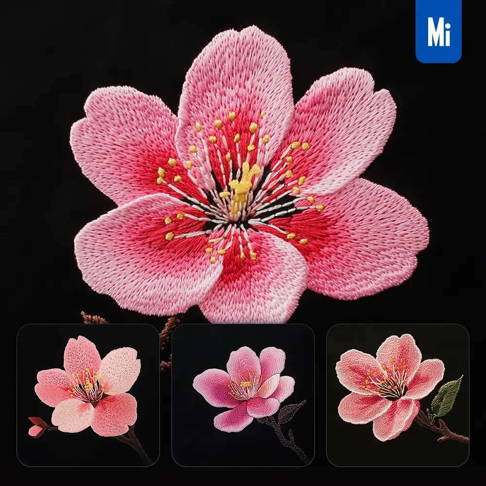 midjourney prompt pink cherry blossom flower petals Chinese silk artistry embroidery pattern