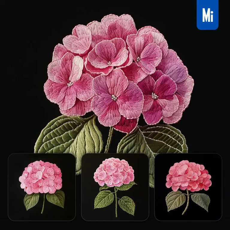 midjourney prompt pink hydrangea flower petals Chinese silk artistry embroidery pattern