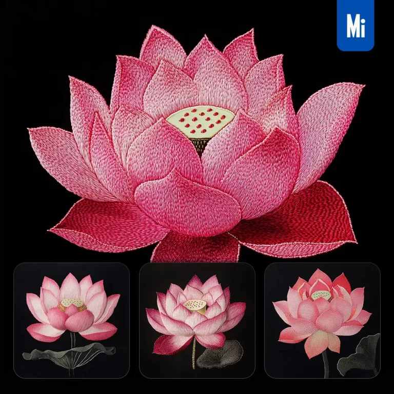 midjourney prompt pink lotus flower petals Chinese silk artistry embroidery pattern