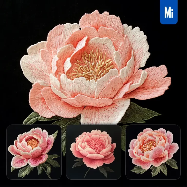 midjourney prompt pink peony flower petals Chinese silk artistry embroidery pattern