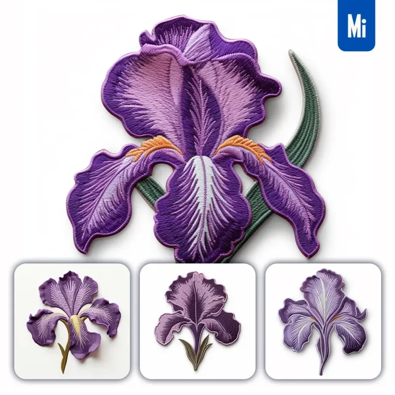 midjourney prompt purple iris flower flat embroidery fabric gradient