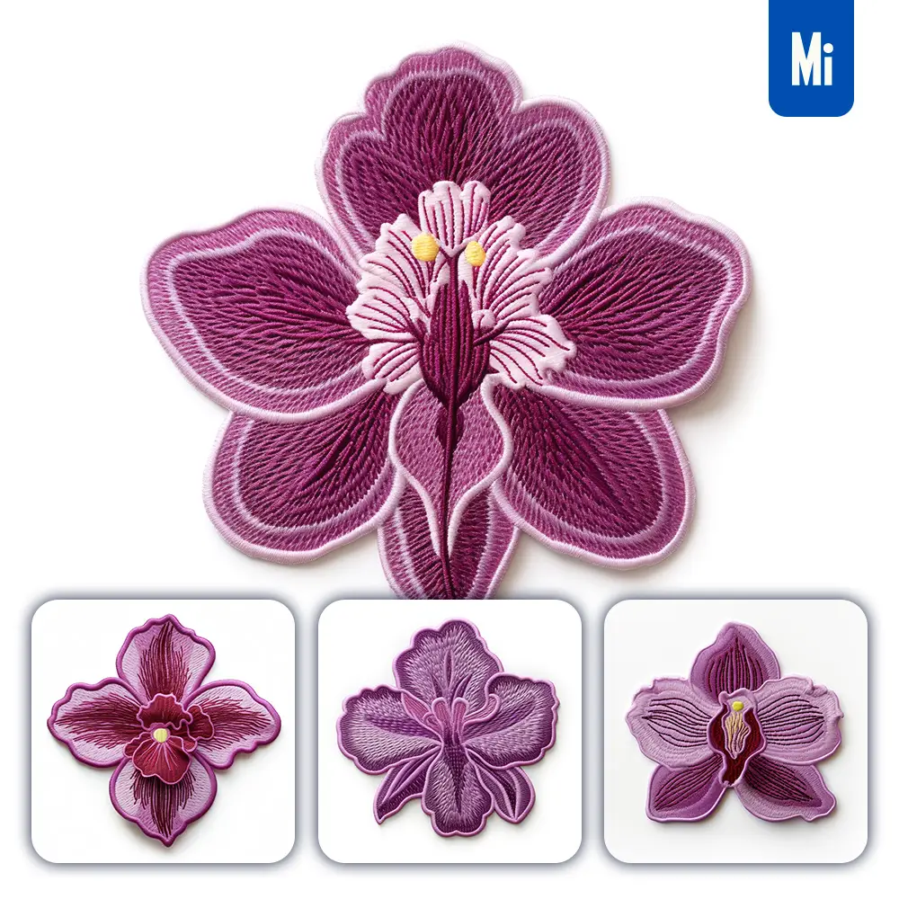 midjourney prompt purple orchid flower flat embroidery fabric gradient