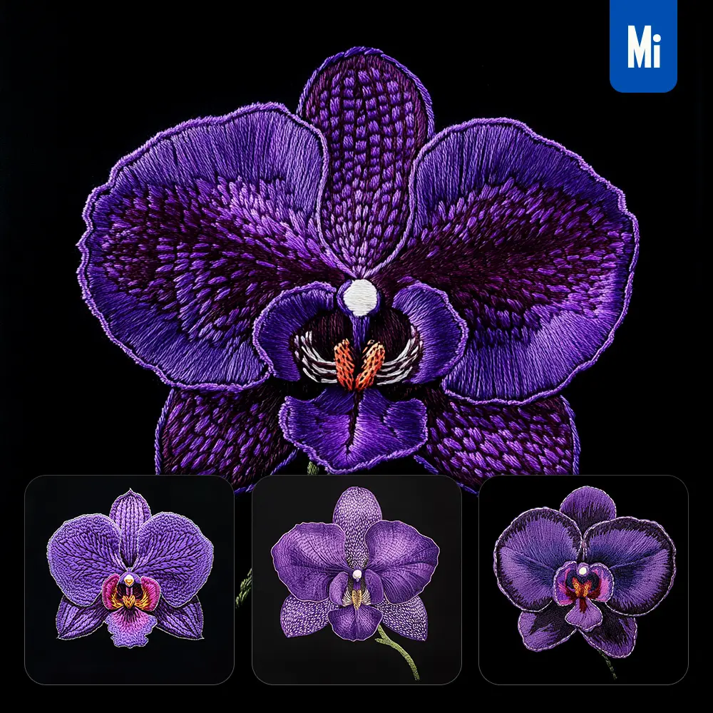 Midjourney Prompt Purple Orchid Flower Petals Chinese Silk Artistry Embroidery Pattern