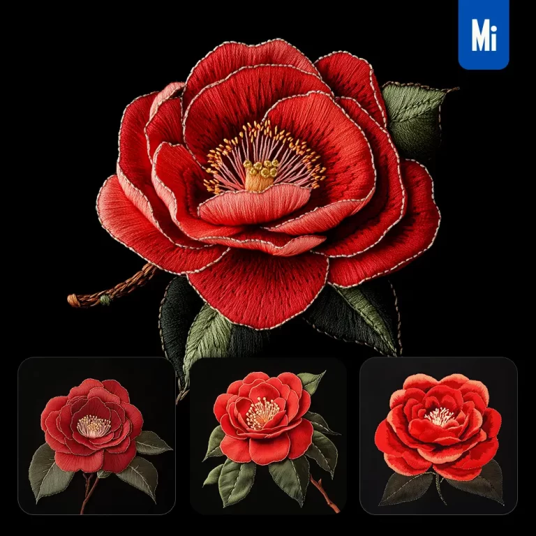 midjourney prompt red camellia flower petals Chinese silk artistry embroidery pattern