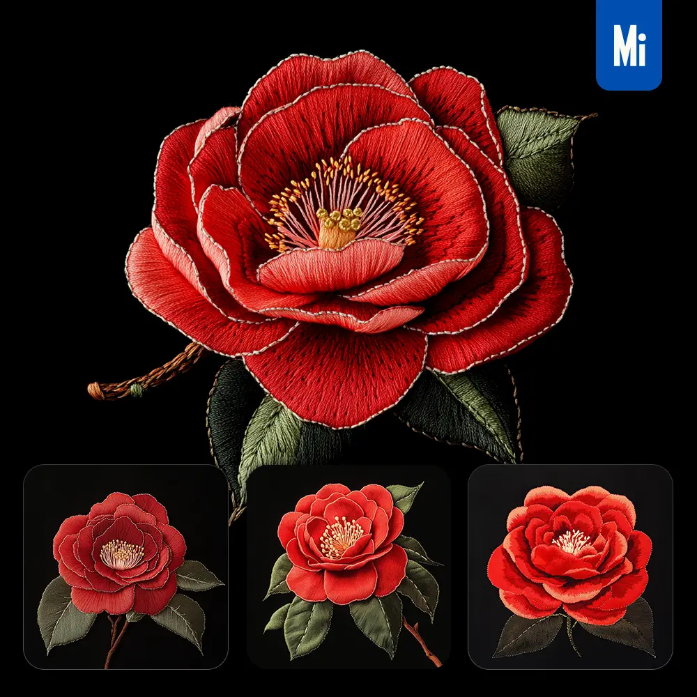 Midjourney Prompt Red Camellia Flower Petals Chinese Silk Artistry Embroidery Pattern