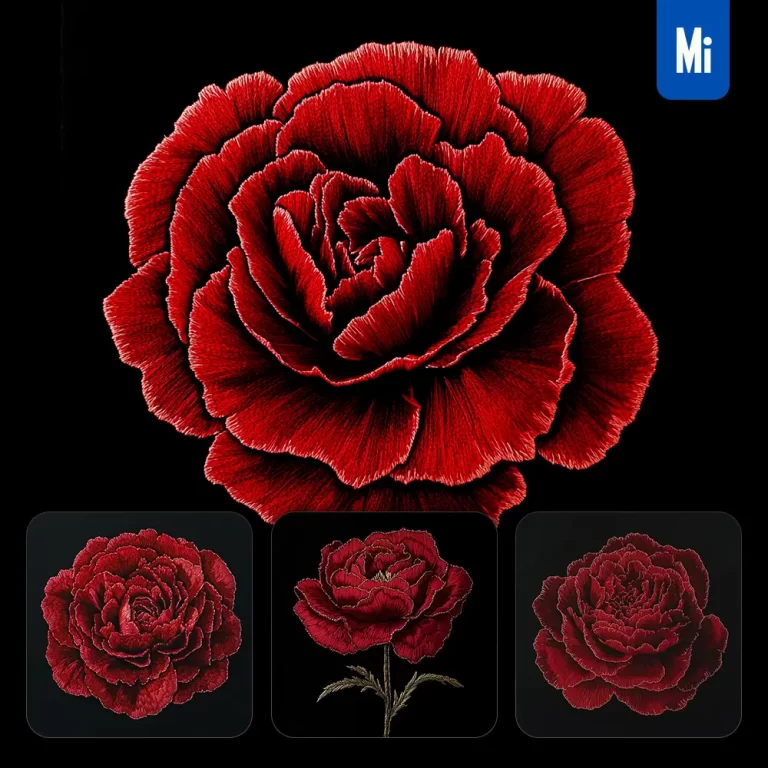 midjourney prompt red carnation flower petals Chinese silk artistry embroidery pattern