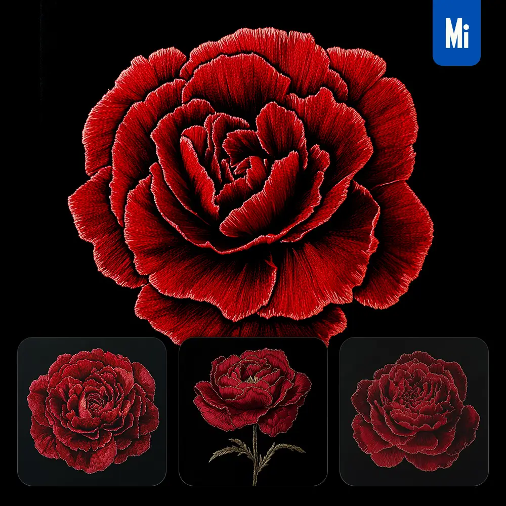 midjourney prompt red carnation flower petals Chinese silk artistry embroidery pattern