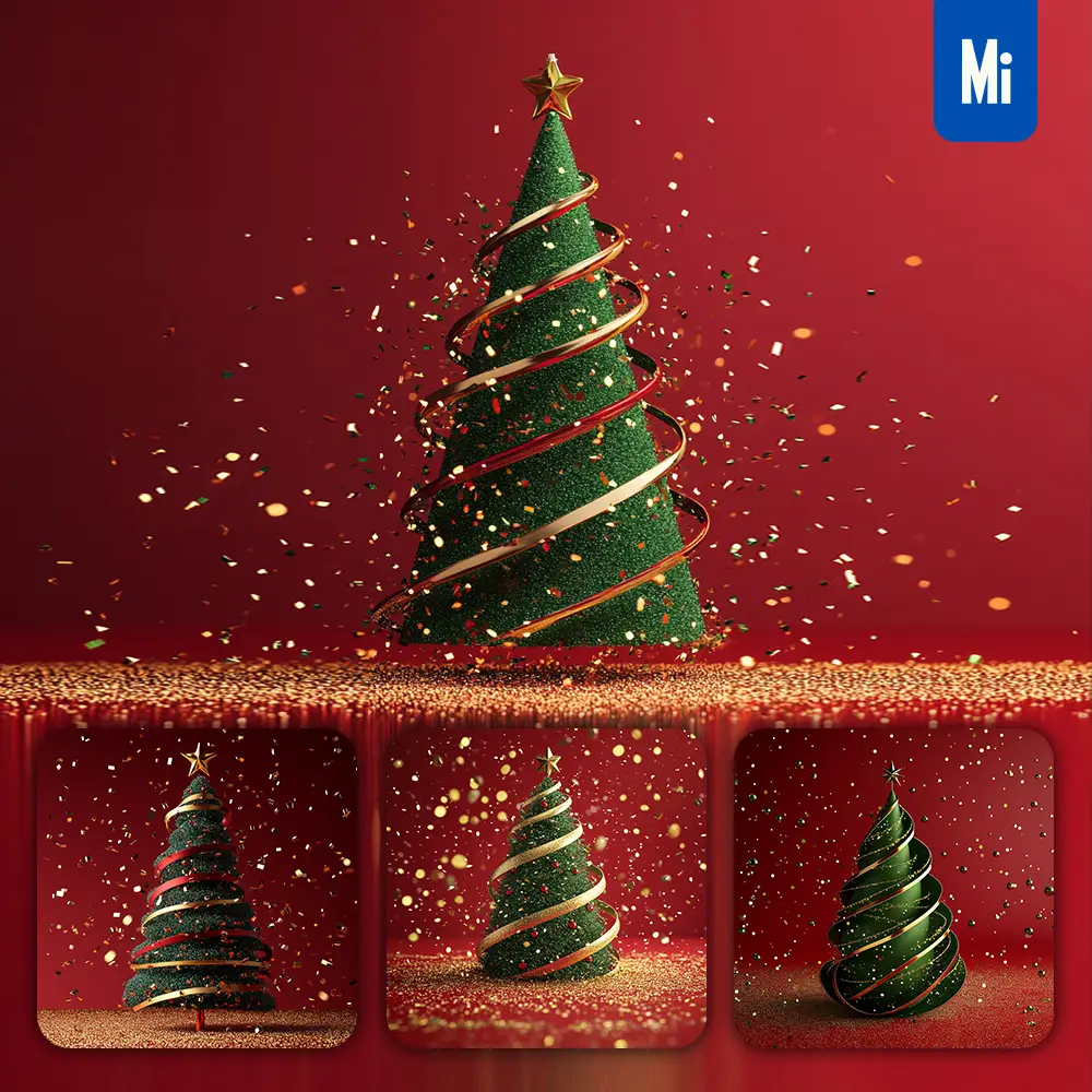 midjourney prompt red gold green ribbon 3D Merry Christmas tree photography