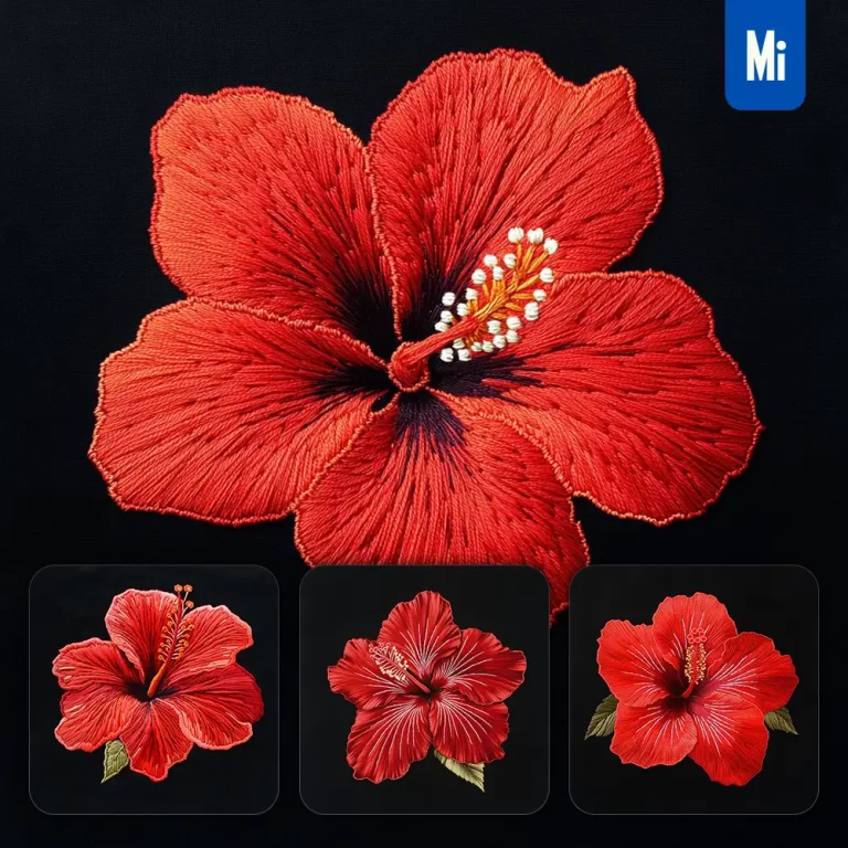 midjourney prompt red hibiscus flower petals Chinese silk artistry embroidery pattern
